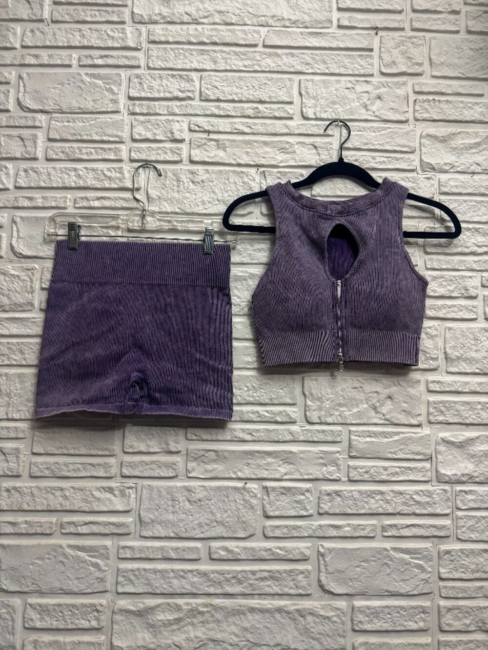 Purple Ribbed Workout Set High Waist Keyhole Zip Crop Top Compression Shorts L
